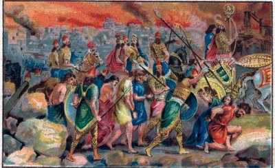 Le siège de la ville de Jérusalem par le roi de Babylone Nabuchodonosor II (v. 630 av. J.-C.-562 av. J.-C.) en 586 av. J.-C. et la destruction de la ville et du temple de Jérusalem. Chromolithographie de la fin du XIXe siècle. - Unknown artist