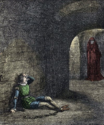 Le spectre de la tour. Le prisonnier enchaîné dans un cachot voit un fantôme devant lui. Illustration pour « La tour de Londres » par William Harrison Ainsworth XIXe siècle - Unknown artist