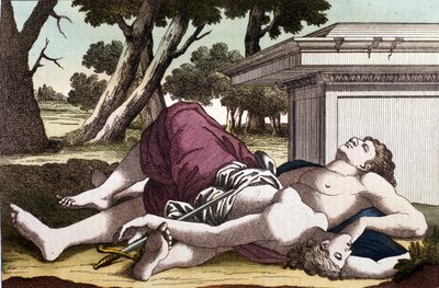 Le suicide de Pyrame sous le mûrier et la mort de Thisbé. Convaincu que la lionne avait dévoré Thisbé, Pyrame se donna la mort et couvrit les mûres blanches de son sang. Thisbé, se cachant pour échapper à la lionne, trouve son amour mort et se suicide - Unknown artist