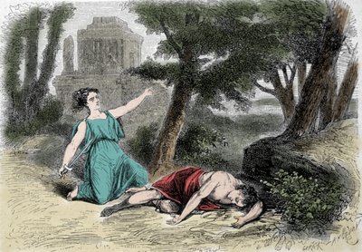 Le suicide de Pyrame sous le mûrier et la mort de Thisbé. Convaincu que la lionne avait dévoré Thisbé, Pyrame se donna la mort et couvrit les mûres blanches de son sang. Thisbé, se cachant pour échapper à la lionne, trouve son amour mort et se suicide - Unknown artist