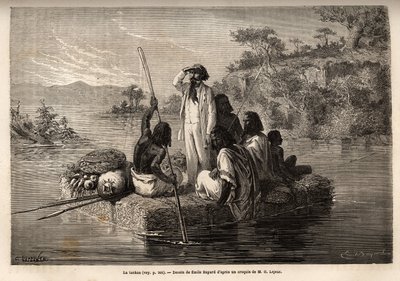 Le tankoa, une sorte de radeau rectangulaire pouvant transporter 6 à 8 personnes, constitué de bottes de paille fermement attachées ensemble, ce bateau sert de ferry et est établi à des postes fixes pour traverser le Goumara (rivière du Pérou). Dessin d