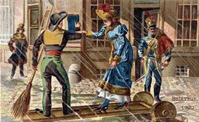 Le métier de balayeur en 1820 : un balayeur aidant une jeune femme à traverser une flaque d