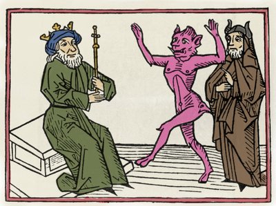 Le procès de Belial : « Le démon Belial danse devant le juge Salomon » Gravure de « Le procès de Belial » par Jacobus de Teramo (ou Palladino), Ausburg - Unknown artist