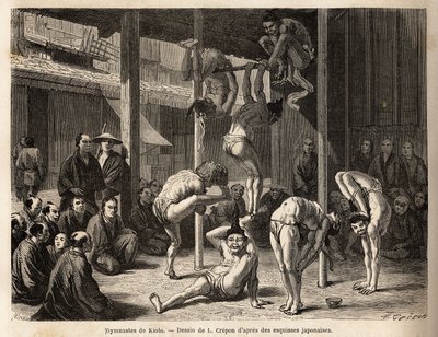 La troupe des saltimbanques les gymnastes de Tokyo, ils se produisent sous un vaste hangar ou sont disposés des nattes de bambou, tous sont expérimentés dans ces exercices physiques mais aussi dans la pratique de la comédie. Gravure pour illustrer le voyag - Unknown artist