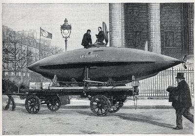 Le bateau sous-marin « Le Goubet », transporté pour des expériences, passe place de la Madeleine à Paris. Gravure dans « La Nature » - Unknown artist