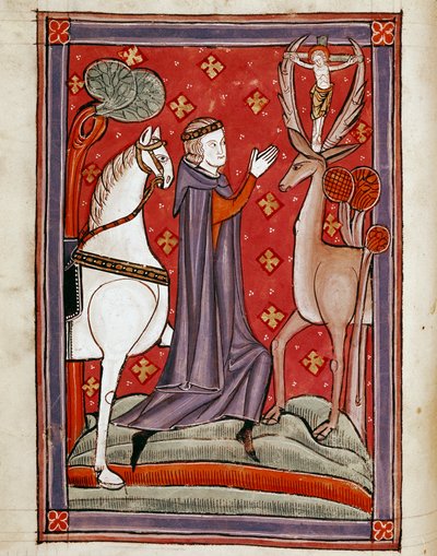La vision de Saint Eustache. Saint Eustache face à un cerf portant une image du Christ crucifié entre ses bois. Miniature tirée d