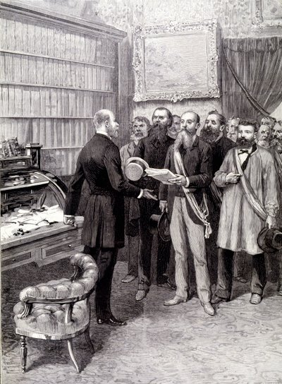 La visite des délégués ouvriers au Palais Bourbon (Jules Guesde, M. Ferroul, M. Baudin et M. Thivrier) au Secrétaire Général de la Présidence : M. Martin, lors de la manifestation du 1er mai - Unknown artist