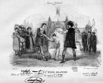 La dame blanche dans les costumes originaux de 1825. Opéra en trois actes de François Adrien Boieldieu (1775-1834). Gravure dans "Le Monde Illustré" - Unknown artist