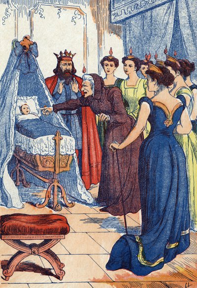 La méchante fée prédit que la princesse se percera la main. Illustration pour « La belle au bois dormant », conte de Charles Perrault (1628-1703), écrivain français. Illustration anonyme. Imagerie Marcel Vagne, Jarville Nancy, sans date (fin du XIXe siècle - Unknown artist