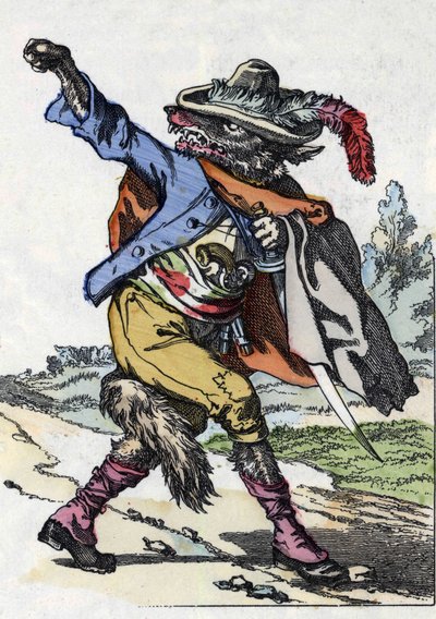 Le loup. Illustration du conte « Compère le Loup, Maître Renard, Commère la Chèvre et ses petits biquets » d