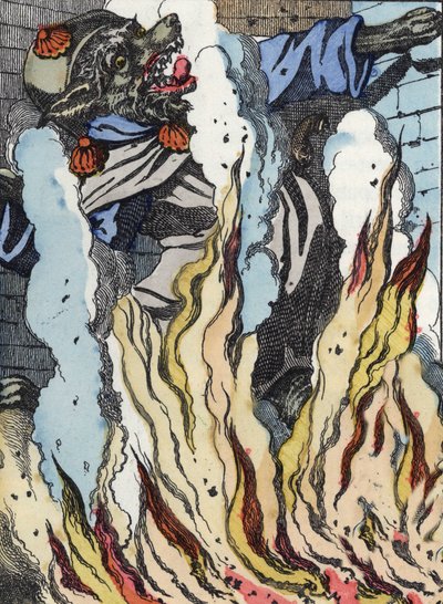 Le loup tombe dans le feu de la cheminée. Illustration du conte "Compère le Loup, Maître Renard, Commère la Chèvre et ses petits biquets" d