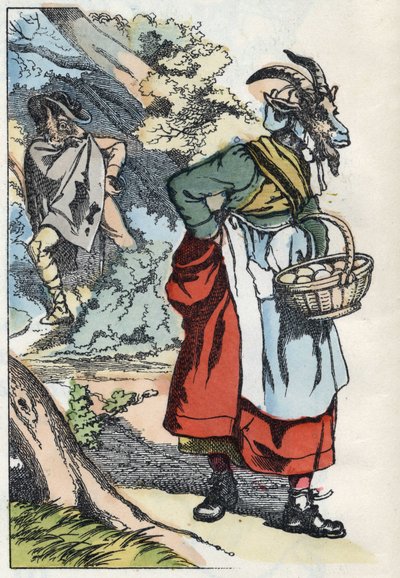 Le loup cherche la chèvre quittant sa maison. Illustration du conte "Compère le Loup, Maître Renard, Commère la Chèvre et ses petits biquets" d