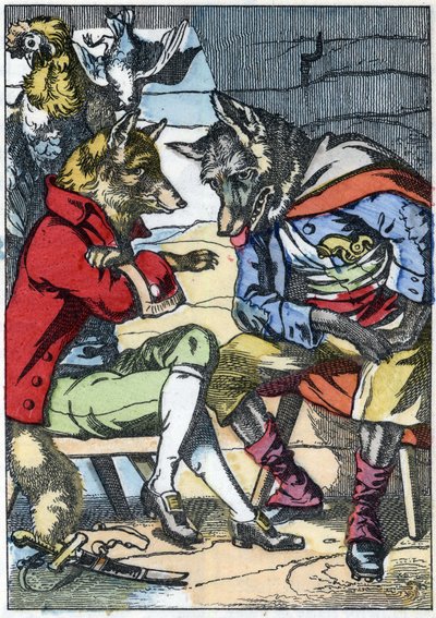 Le loup rencontre à nouveau le renard. Illustration du conte « Compère le Loup, Maître Renard, Commère la Chèvre et ses petits biquets » d