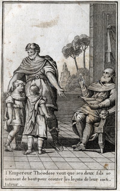 Théodose Ier (Flavius Theodosius) (347-395), empereur romain, veut que ses deux fils, Arcadius (377-408) et Honorius (384-423), se lèvent pour écouter les leçons de leur maître. IVe siècle. Gravure dans « Beauté de l