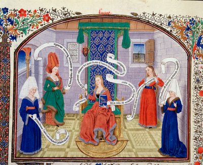 Théorie des vertus intellectuelles. Les paroles sont écrites dans les phylactères. Miniature du manuscrit (Ms 927 Fol.93v) Commentaire sur l