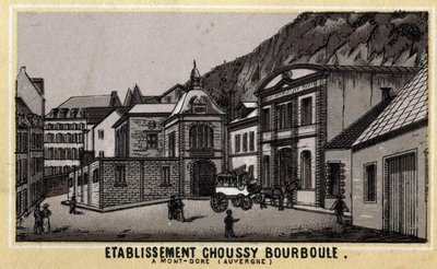 Établissements thermaux de Choussy à La Bourboule dans le massif des Monts Dore, dans le département du Puy-de-Dôme en Auvergne. Chromolithographie de la fin du 19ème siècle - Unknown artist
