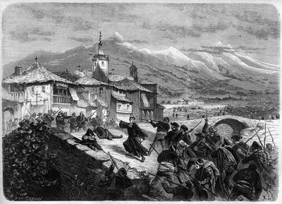 Troisième guerre carliste (1872-1876) : Bataille entre les troupes gouvernementales et une bande carliste en Navarre, Espagne. Gravure dans "L