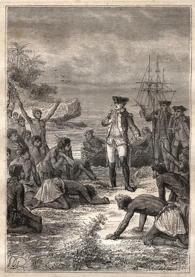 Troisième voyage (1776-1779) du capitaine James Cook (1728-1779) : Cook est accueilli par les indigènes (Hawaï) - illustration tirée de "Les grands marins du XVIIIe siècle" - Unknown artist