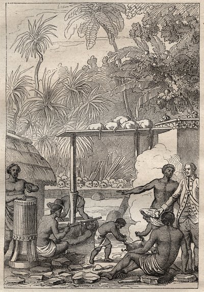 Troisième voyage (1776-1779) du capitaine James Cook (1728-1779) : sacrifice humain à Tahiti - illustration tirée de 