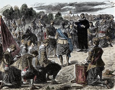 Guerre de Trente Ans : Les Suédois en prière avant la bataille de Lützen - Guerre de Trente Ans (1618-1648) : Le roi Gustave II Adolphe de Suède (1594-1632) et ses troupes se rassemblent pour une célébration religieuse avant la bataille de Lützen (1632) - Unknown artist