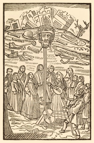 Bien que le château du doute soit démoli et que le géant du désespoir ait perdu la tête de Le Voyage du pèlerin de ce monde à celui qui est à venir par John Bunyan (1628-1688) Christiana et Miséricorde jouent de la musique - Unknown