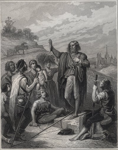 Thomas Müntzer prêchant - Thomas Müntzer (1489-1525) enseignant sa doctrine - Gravure dans "Les Fastes populaires, ou Histoire des actes héroïques du peuple et de son influence sur les sciences, les arts, l