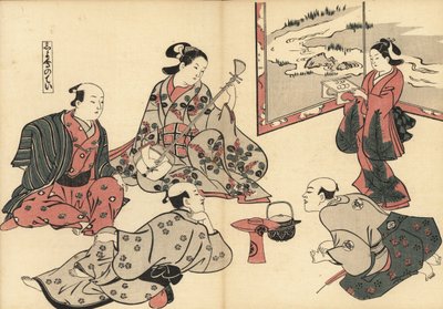Trois samouraïs écoutent une courtisane jouer du shamisen, tandis qu