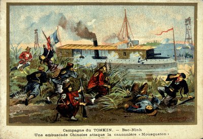 Campagne du Tonkin : à Bac-Ninh, une embuscade chinoise attaque le canonnière "Carabiner" - chromo., fin 19e siècle - Unknown artist
