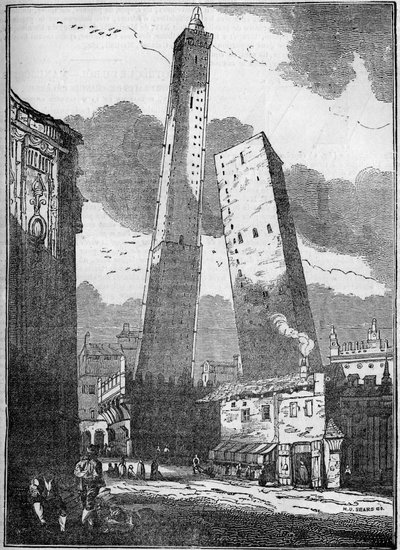 Tours de Bologne - la tour Asinelli et la plus petite tour Garisenda - gravure du 19ème siècle - Unknown artist