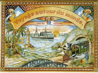 Train, phare et bateau, couverture du jeu « Voyage autour du monde », 19e siècle - Unknown artist