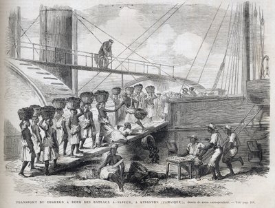 Transport de charbon à bord de navires à vapeur à Kingston (Jamaïque) - Chargement de charbon à Kingston - Jamaïque - Gravure de 1866 de « L