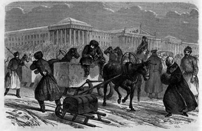 Transport de glace à Saint-Pétersbourg, Russie. Gravure dans « Le Journal de la Jeunesse » - Unknown artist
