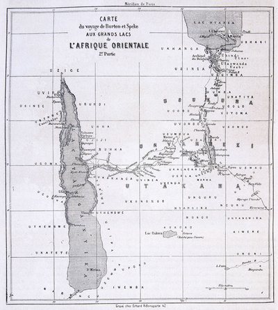 Carte de voyage de Richard Francis Burton, explorateur britannique (1821-1890) et Speke aux Grands Lacs de l