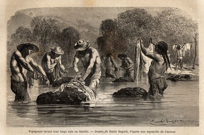 Voyageurs lavant leur linge sale dans la rivière, avec des peons boliviens, dans les environs de Maniri (Bas Pérou). Gravure pour illustrer le voyage dans les vallées de Quinquinas, par Paul Marcoy, en 1849-1861, publiée dans « Le tour du monde » 18 - Unknown artist
