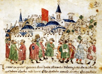 Pèlerins en voyage arrivant à Rome. 14ème siècle. Chroniques Sercambi. Lucques, Archives nationales. - Unknown artist