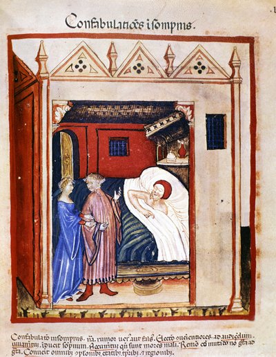 Traité de médecine "Tacuinum sanitatis" du 14ème siècle : les gens parlant pendant leur sommeil. 14ème siècle. B.N, Vienne. - Unknown artist