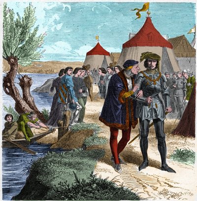 Traité de Conflans le 5/10/1465 entre le roi de France Louis XI et Charles de Charolais (plus tard Charles le Téméraire) mettant fin à la révolte des nobles ou Ligue du Bien public. Gravure dans « Histoire De France En Cent Tableaux » par Paul Lehugeur, 18 - Unknown artist