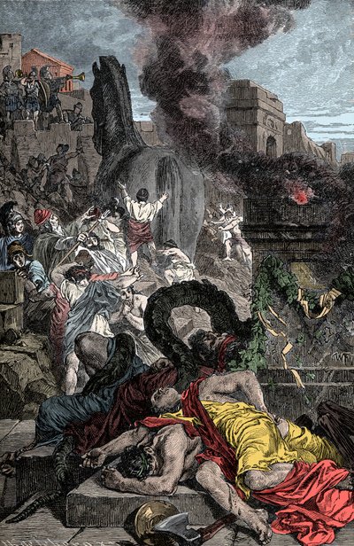 Cheval de Troie - Guerre de Troie : le cheval de bois entre dans la ville fortifiée - Unknown artist