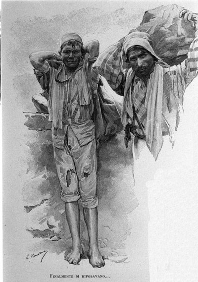 Deux « carusi », apprentis mineurs. Sicile. Gravure du 19ème siècle - Unknown artist