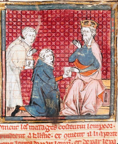 Deux messagers annoncent à Charlemagne (742-814) la victoire sur les Sarrasins. Miniature tirée de "Grandes Chroniques de France" 1375-1379 Bibliothèque municipale, Castres - Unknown artist