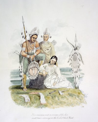 Deux guerriers et une femme des Sacs et Foxes pleurant sur la tombe de Black Hawk, c.1843-50 - Unknown artist