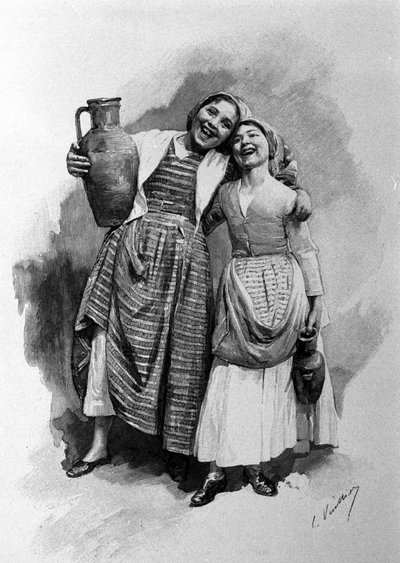 Deux jeunes femmes du peuple, habitantes de Palerme. Gravure de Sicile du XIXe siècle - Unknown artist