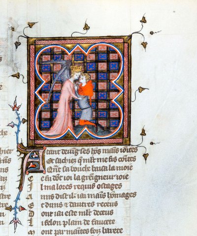 Un ange couronné embrassant un homme - Page enluminée tirée du manuscrit "Le Roman de la Rose" de Guillaume de Lorris et Jean de Meun vers 1353 - Unknown artist