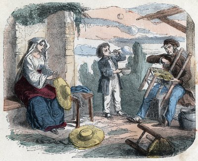 Utilisation de la paille au XIXe siècle : un homme garnit une chaise de paille, une femme tresse des chapeaux (vannerie), un enfant fait des bulles de savon avec une paille. Gravure de la fin du XIXe siècle - Unknown artist