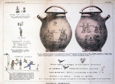 Diverses illustrations et inscriptions laissées par des criminels sur des vases en céramique : étude de Cesare Lombroso (1835-1909), criminologue italien dans « L