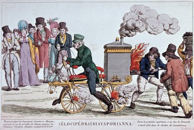 Velocipedraisiavaporianna : vélocipède à vapeur - gravure vers 1818, Bibl. de la ville de Paris. - Unknown artist