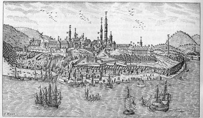 Vue de la ville de Québec au Canada (fin XVIIe siècle) : A. Jardin du fort. B. Le fort. C. Poudrière. D. Les Récollets. E. Ursulines. F. Les Jésuites. G. La cathédrale. H. Le séminaire. I. Hôtel-Dieu. L. Hôpital général. M. L