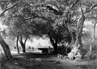 Vue de Rome depuis le Pincio où se trouve la Villa Médicis. En arrière-plan, on voit le dôme de Saint-Pierre. Gravure, vers 1840 - Unknown artist