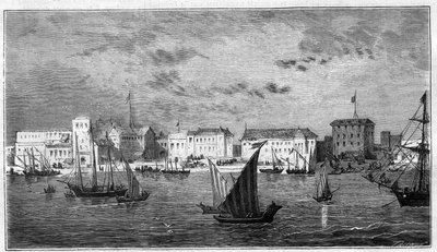 Vue de la ville de Zanzibar en Afrique. À gauche, le consulat français. À droite, le palais du sultan et l