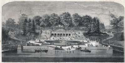Vue du jardin « Central Park » à New York, États-Unis. Architecture par Frederick Law Olmsted (1822-1903) et (1824-1895) dans le quartier de Manhattan. Gravure dans « L
